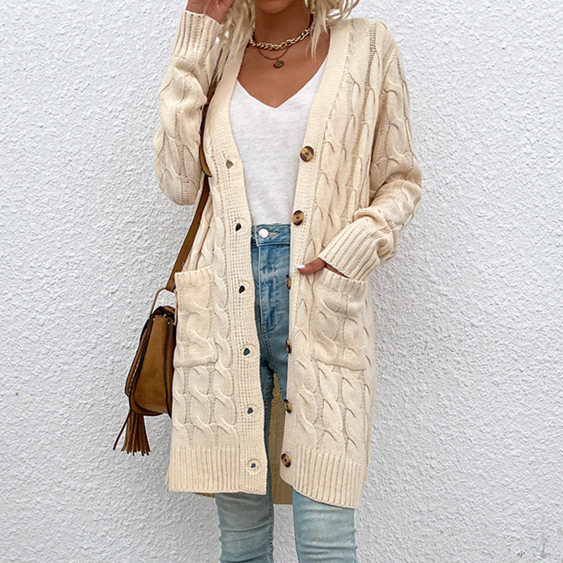 Knitwear Autumn Winter Long Cable-Knit Sweater Women Button Cardigan