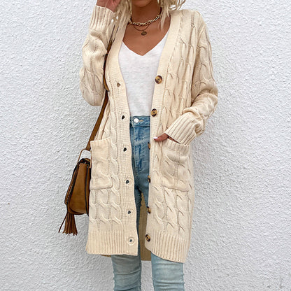 Knitwear Autumn Winter Long Cable-Knit Sweater Women Button Cardigan