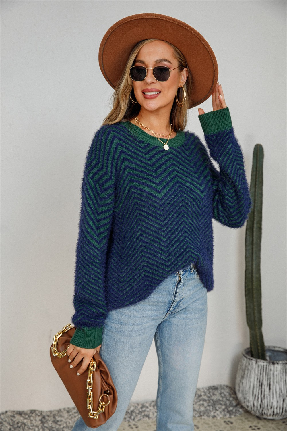 Model Wearing Chevron Charm Women's Jumper