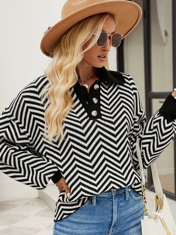 Women's Fashion Striped Knit Long Sleeve Colorblock Lapel Sweater