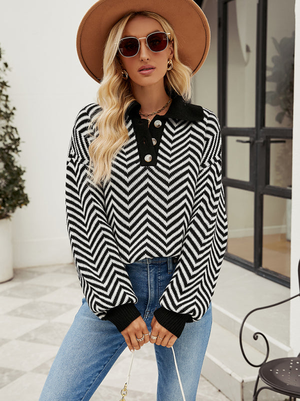 Women's Fashion Striped Knit Long Sleeve Colorblock Lapel Sweater