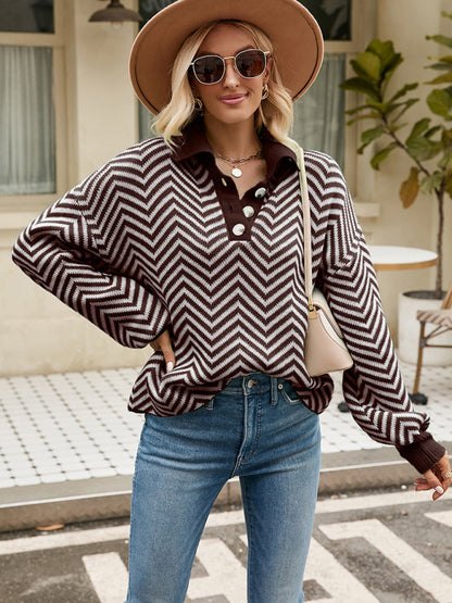 Women's Fashion Striped Knit Long Sleeve Colorblock Lapel Sweater