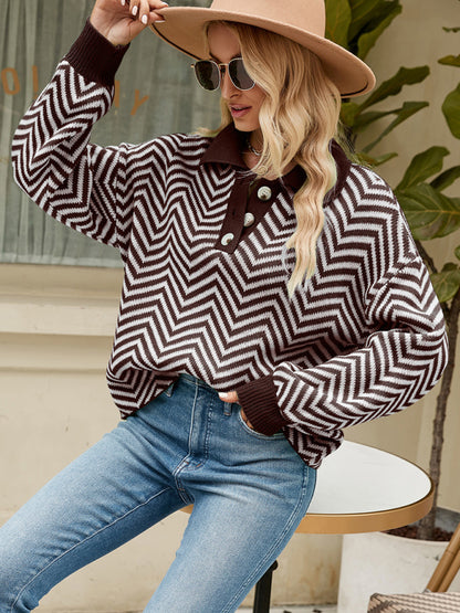 Women's Fashion Striped Knit Long Sleeve Colorblock Lapel Sweater