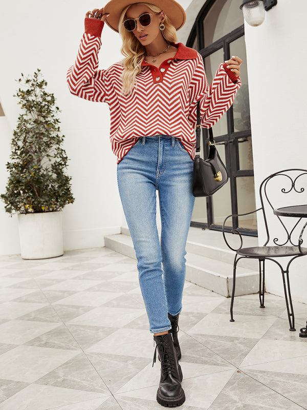 Women's Fashion Striped Knit Long Sleeve Colorblock Lapel Sweater