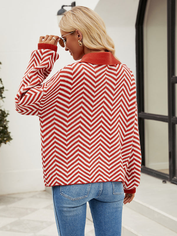 Women's Fashion Striped Knit Long Sleeve Colorblock Lapel Sweater