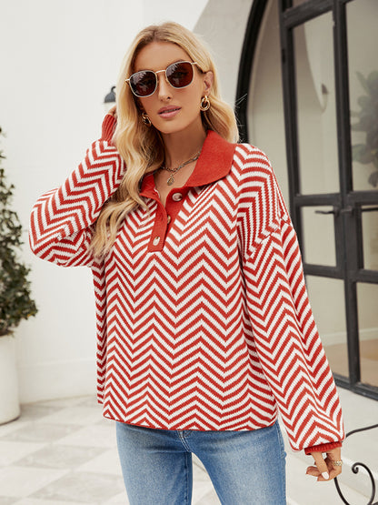 Women's Fashion Striped Knit Long Sleeve Colorblock Lapel Sweater