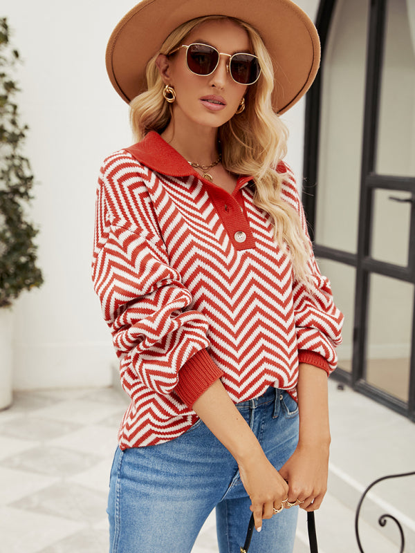 Women's Fashion Striped Knit Long Sleeve Colorblock Lapel Sweater